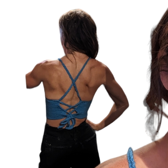 Crocheted Crop Top Womens Small Boho Festival 90s Y2K Cropped - Picture 2 of 2